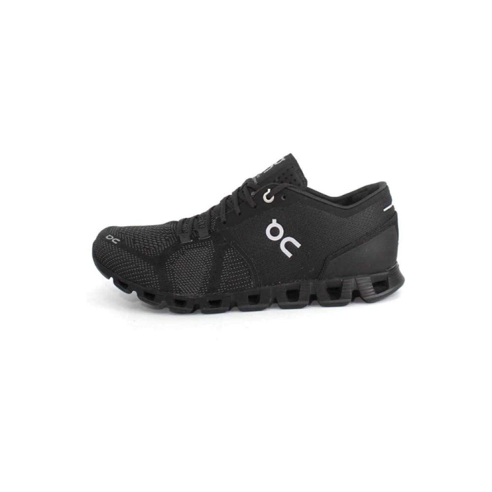 On Cloud x running black qc logo white
